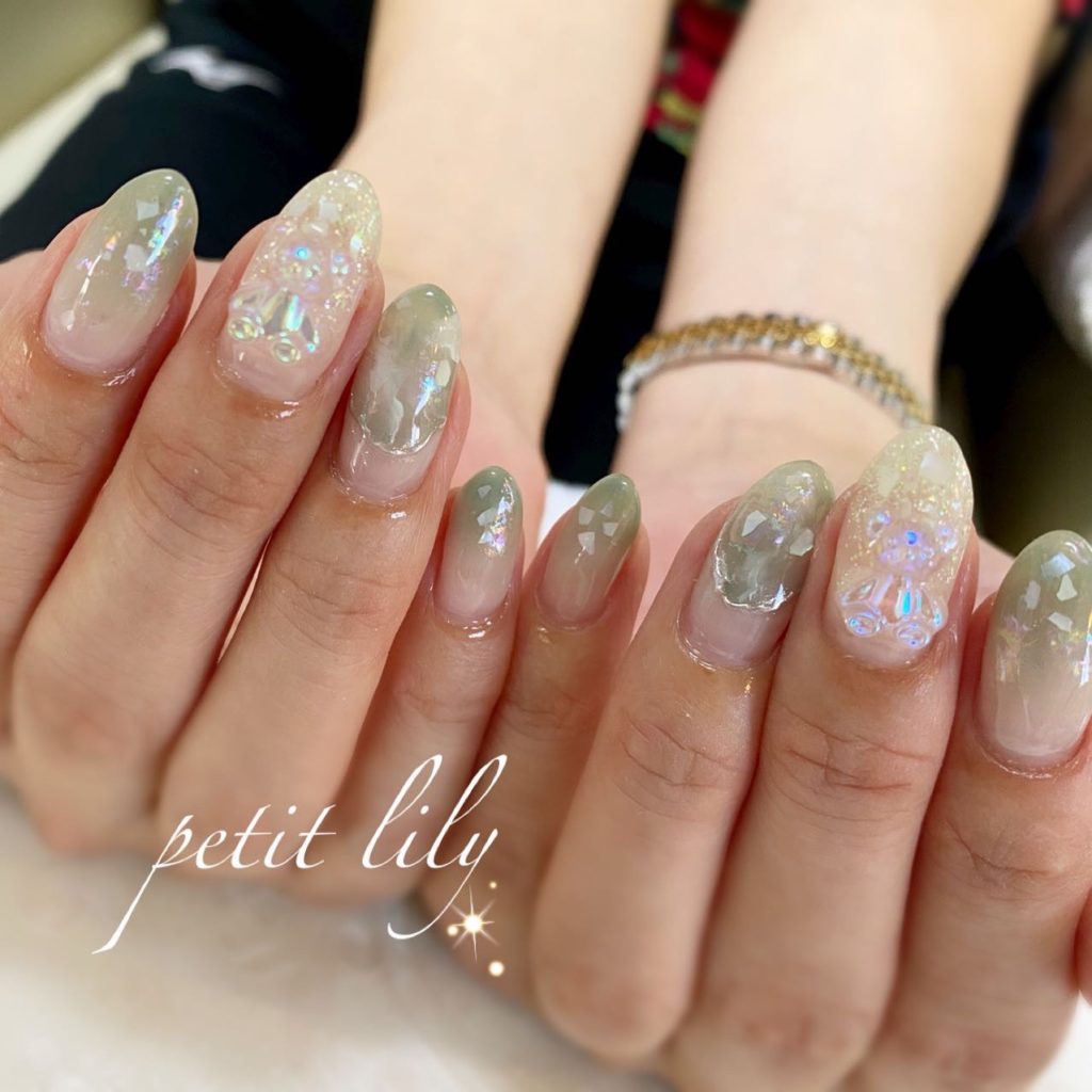 翡翠の大理石ネイル&くまさん